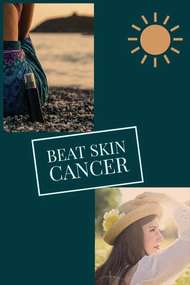 woman sitting at the beach with a bottle of sunscreen at her side, woman looking off into the distance with a hat on and long sleeve shirt- skin cancer awareness sulphur la, beat skin cancer- schlamp family medical clinic