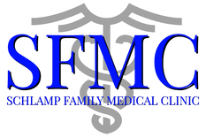 Schlamp Family Medical Logo - bright blue, black and white with with light gray medical symbol faded out behind initials