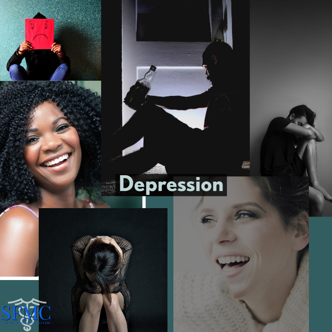 the different forms of depression, smiling women, man drinking, woman laughing, womans head in her lap